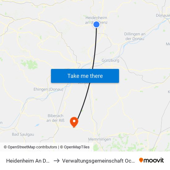 Heidenheim An Der Brenz to Verwaltungsgemeinschaft Ochsenhausen map