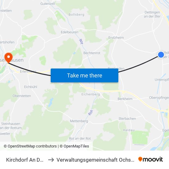 Kirchdorf An Der Iller to Verwaltungsgemeinschaft Ochsenhausen map