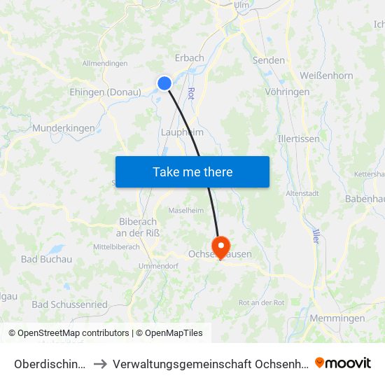 Oberdischingen to Verwaltungsgemeinschaft Ochsenhausen map