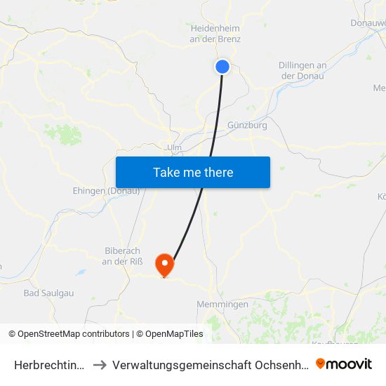 Herbrechtingen to Verwaltungsgemeinschaft Ochsenhausen map