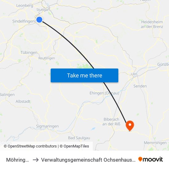 Möhringen to Verwaltungsgemeinschaft Ochsenhausen map