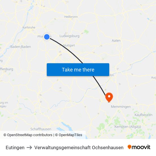 Eutingen to Verwaltungsgemeinschaft Ochsenhausen map