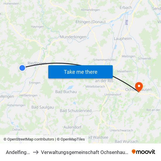 Andelfingen to Verwaltungsgemeinschaft Ochsenhausen map