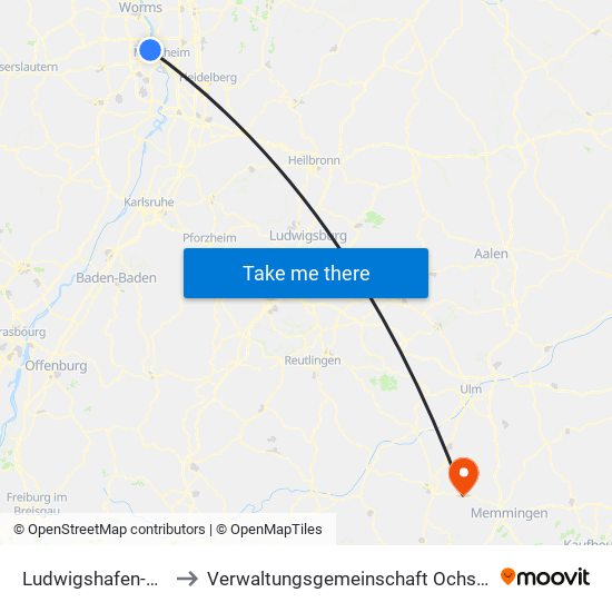 Ludwigshafen-Oppau to Verwaltungsgemeinschaft Ochsenhausen map