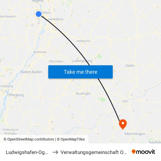 Ludwigshafen-Oggersheim to Verwaltungsgemeinschaft Ochsenhausen map