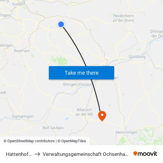 Hattenhofen to Verwaltungsgemeinschaft Ochsenhausen map