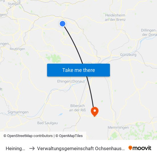 Heiningen to Verwaltungsgemeinschaft Ochsenhausen map