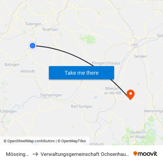 Mössingen to Verwaltungsgemeinschaft Ochsenhausen map