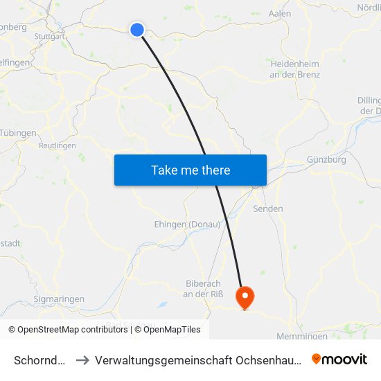 Schorndorf to Verwaltungsgemeinschaft Ochsenhausen map