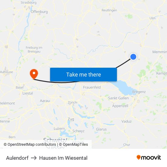 Aulendorf to Hausen Im Wiesental map