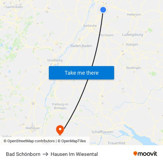 Bad Schönborn to Hausen Im Wiesental map