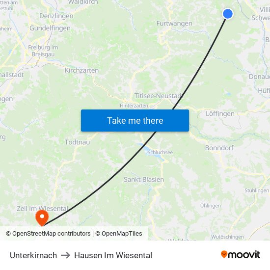 Unterkirnach to Hausen Im Wiesental map