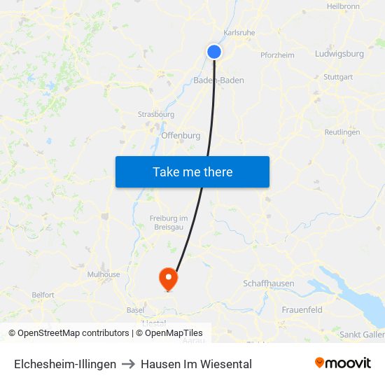 Elchesheim-Illingen to Hausen Im Wiesental map