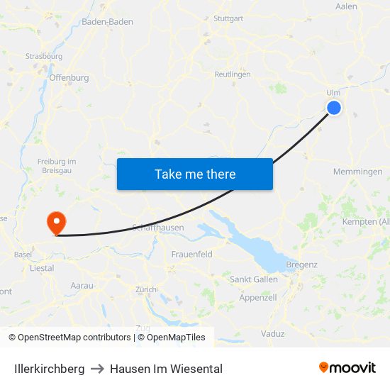 Illerkirchberg to Hausen Im Wiesental map