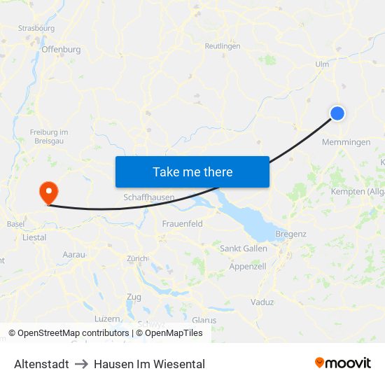 Altenstadt to Hausen Im Wiesental map