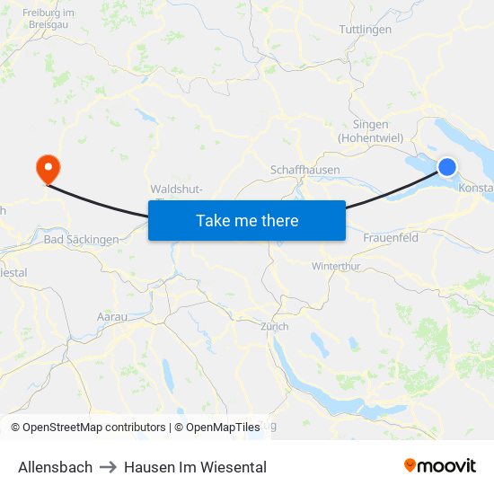 Allensbach to Hausen Im Wiesental map