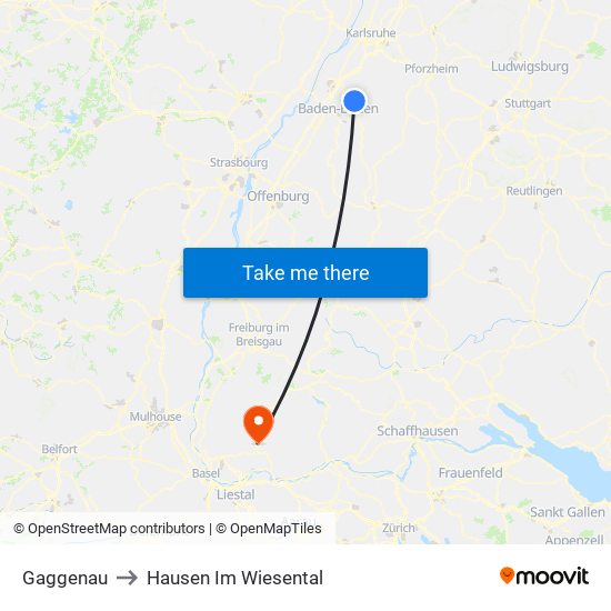 Gaggenau to Hausen Im Wiesental map