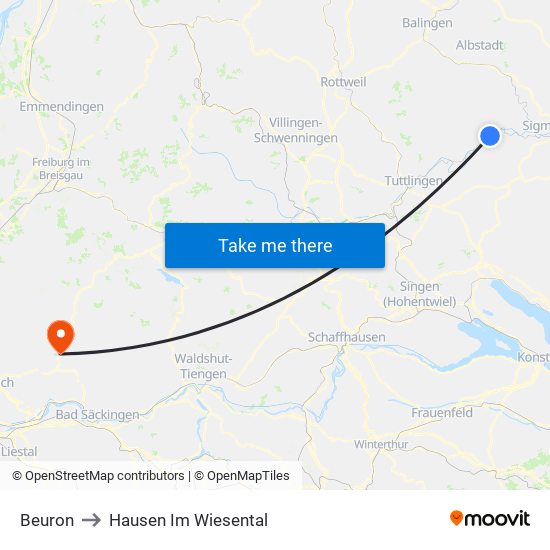 Beuron to Hausen Im Wiesental map