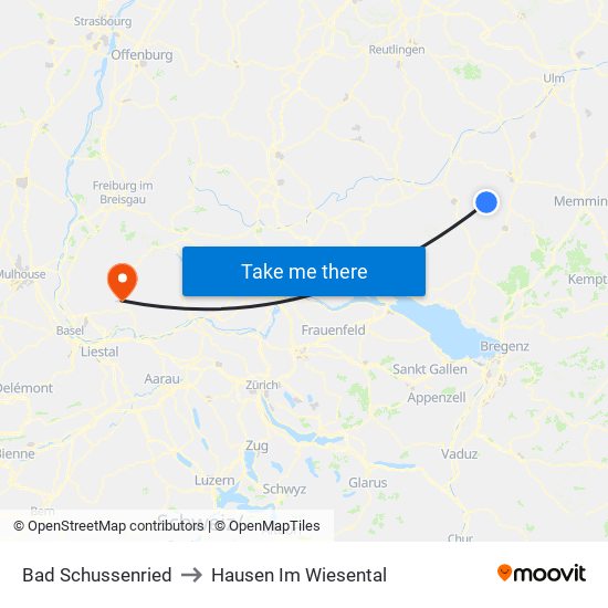 Bad Schussenried to Hausen Im Wiesental map