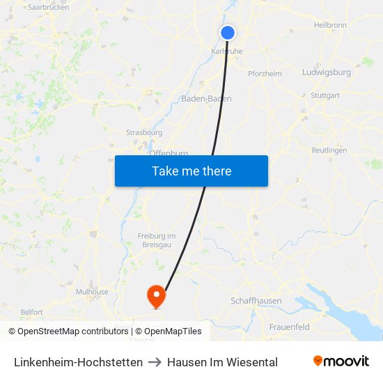 Linkenheim-Hochstetten to Hausen Im Wiesental map