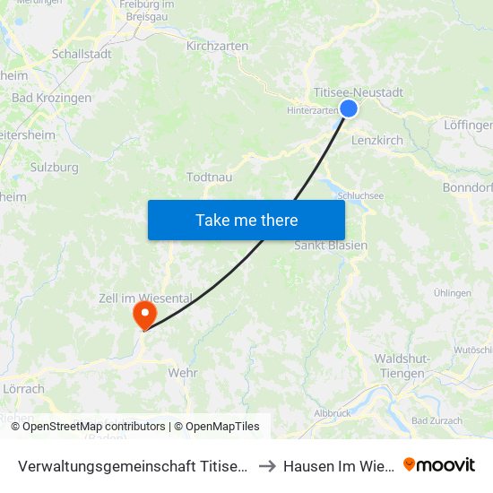 Verwaltungsgemeinschaft Titisee-Neustadt to Hausen Im Wiesental map