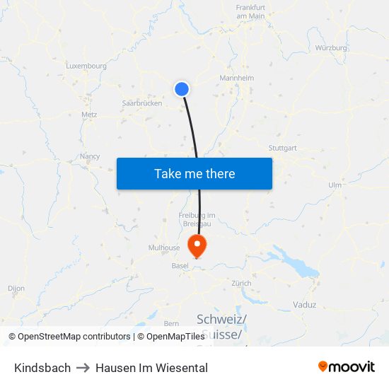 Kindsbach to Hausen Im Wiesental map