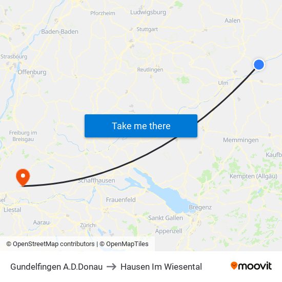 Gundelfingen A.D.Donau to Hausen Im Wiesental map