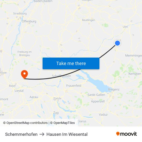 Schemmerhofen to Hausen Im Wiesental map