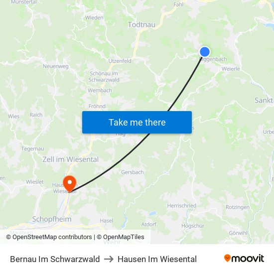 Bernau Im Schwarzwald to Hausen Im Wiesental map