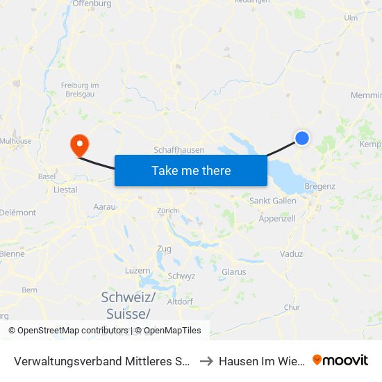 Verwaltungsverband Mittleres Schussental to Hausen Im Wiesental map