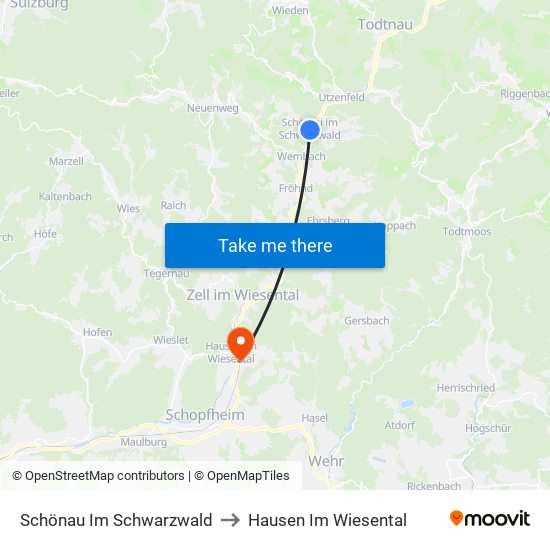 Schönau Im Schwarzwald to Hausen Im Wiesental map