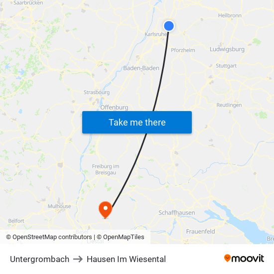 Untergrombach to Hausen Im Wiesental map