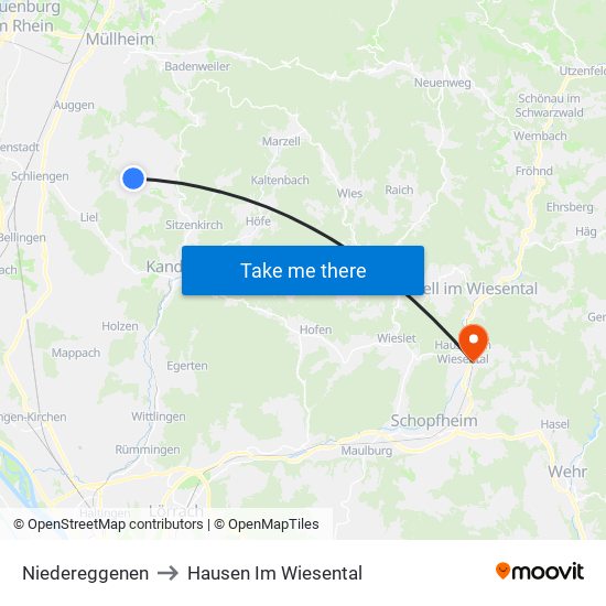 Niedereggenen to Hausen Im Wiesental map