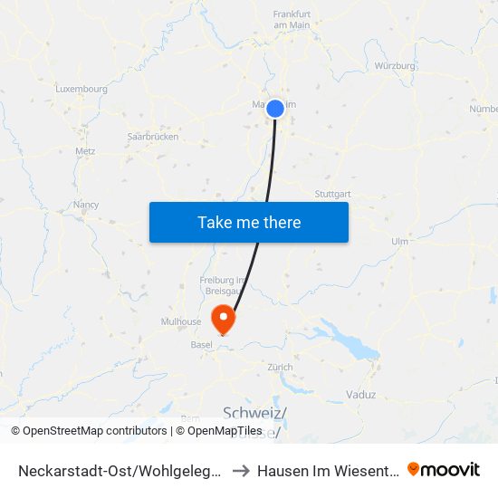 Neckarstadt-Ost/Wohlgelegen to Hausen Im Wiesental map