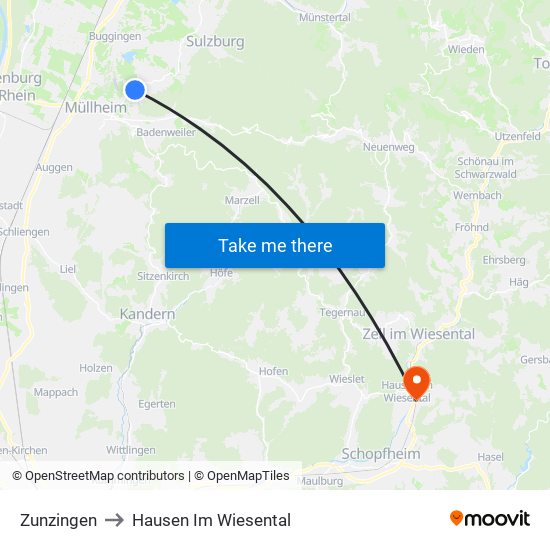 Zunzingen to Hausen Im Wiesental map