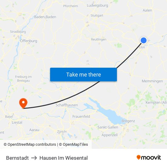 Bernstadt to Hausen Im Wiesental map