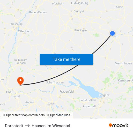 Dornstadt to Hausen Im Wiesental map