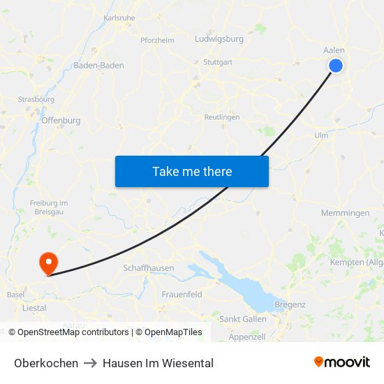 Oberkochen to Hausen Im Wiesental map