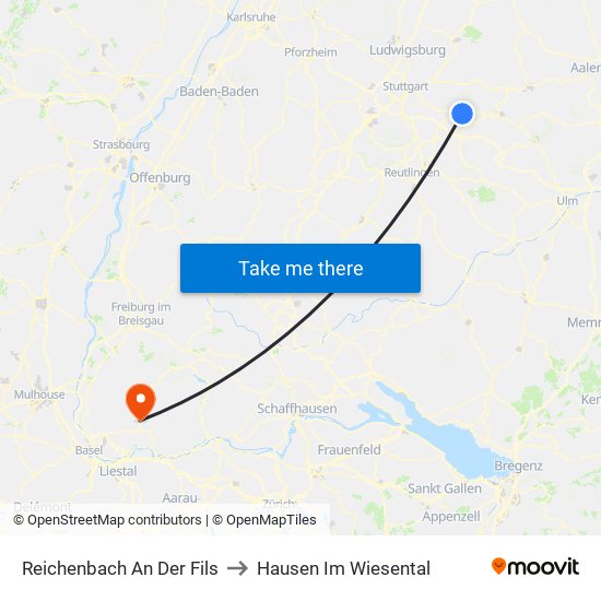 Reichenbach An Der Fils to Hausen Im Wiesental map