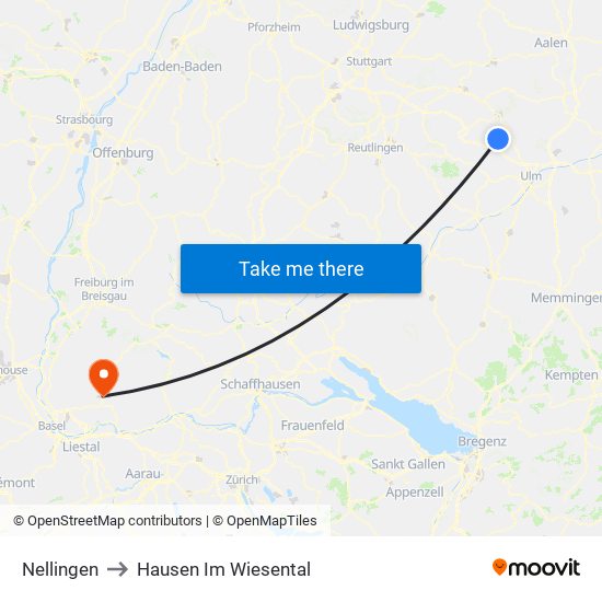 Nellingen to Hausen Im Wiesental map