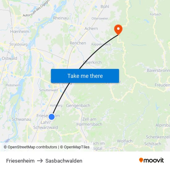 Friesenheim to Sasbachwalden map