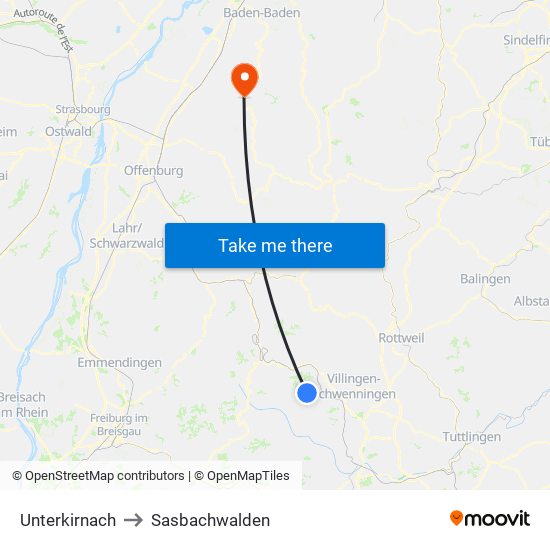 Unterkirnach to Sasbachwalden map