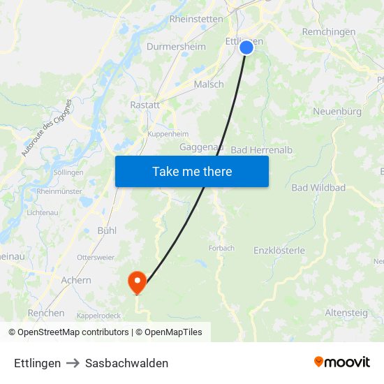 Ettlingen to Sasbachwalden map