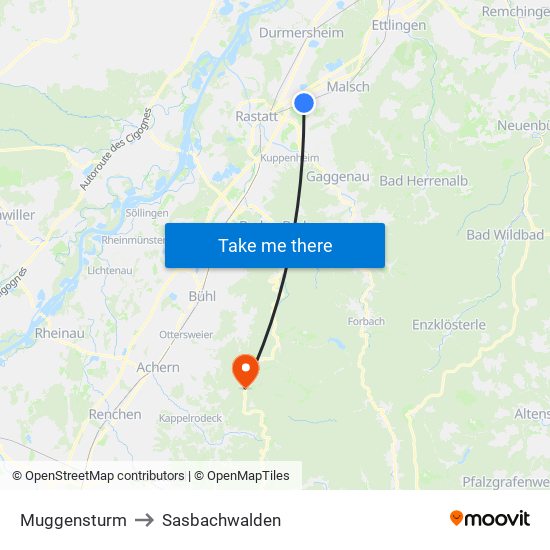 Muggensturm to Sasbachwalden map