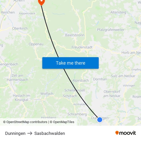 Dunningen to Sasbachwalden map