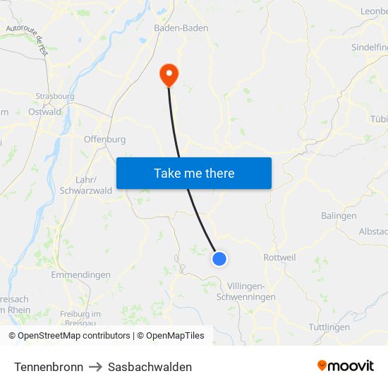 Tennenbronn to Sasbachwalden map