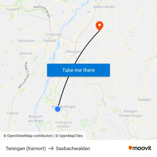 Teningen (Kernort) to Sasbachwalden map