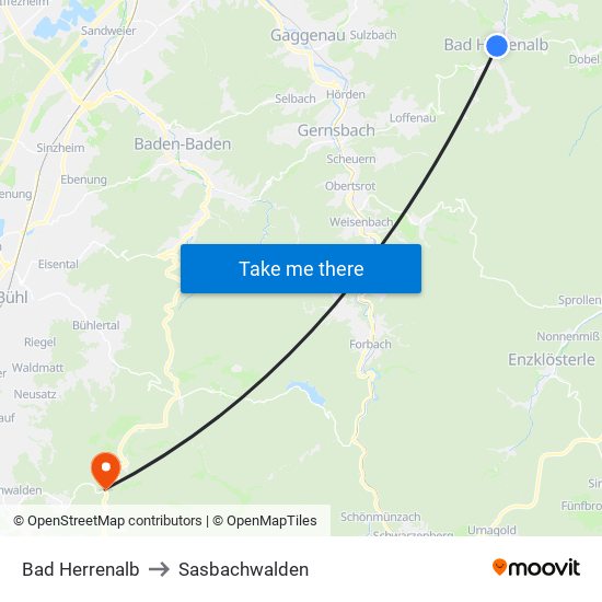 Bad Herrenalb to Sasbachwalden map