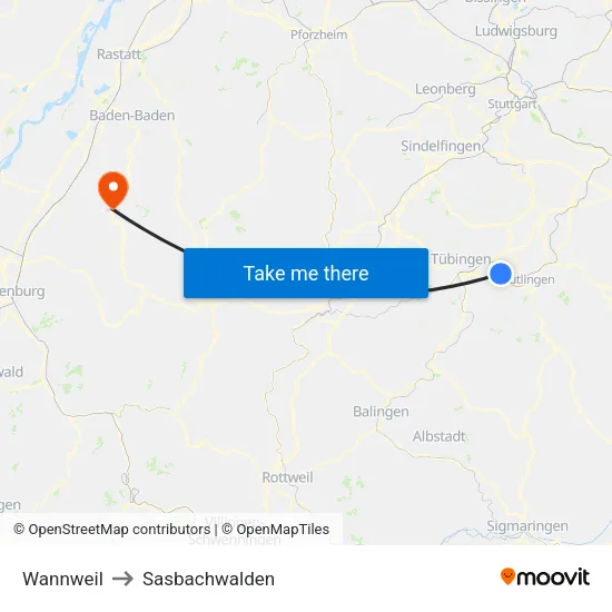 Wannweil to Sasbachwalden map