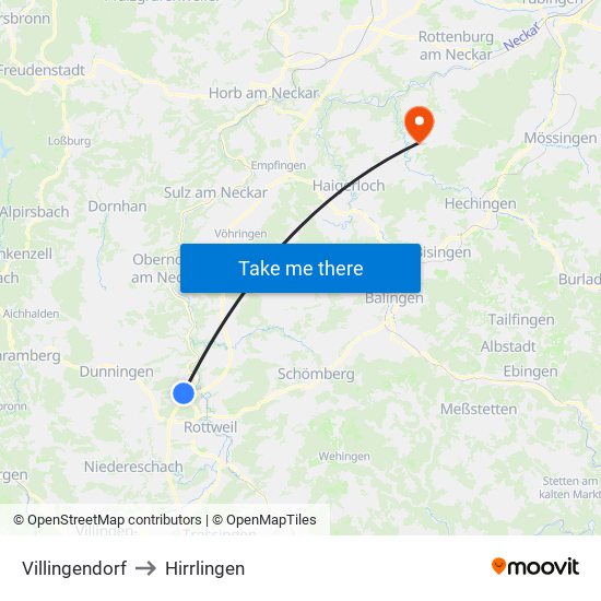 Villingendorf to Hirrlingen map